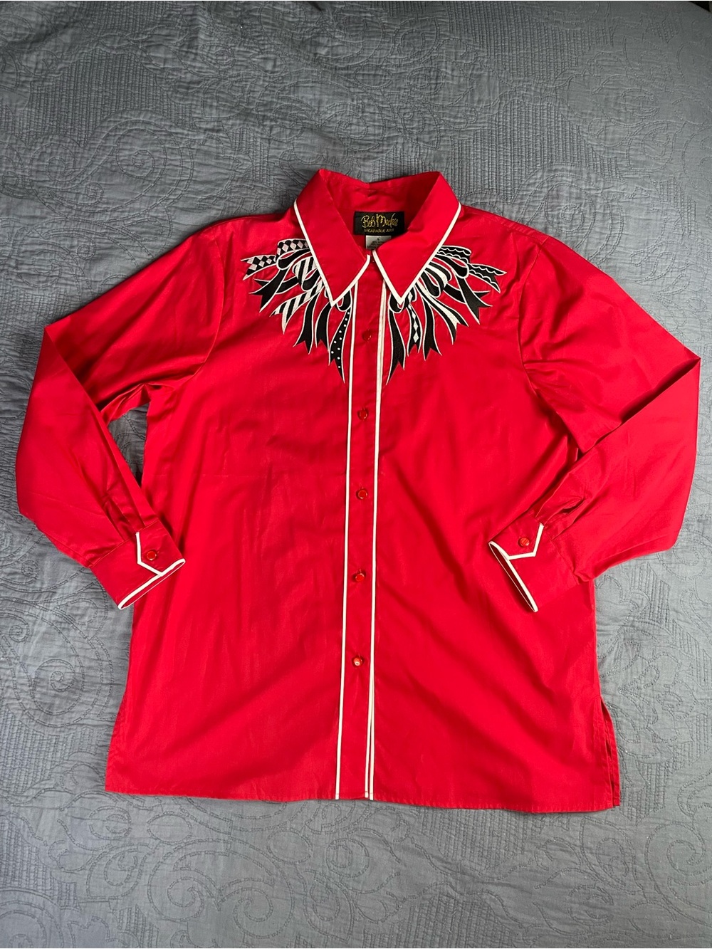 Bob Mackie Western Style Shirt Red W/Black & White Embroidered Ribbons Size: L